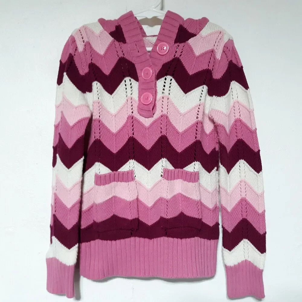 Childrens Place Striped Pink Sweater Girls 7-8 Medium Pullover Pocket Buttons